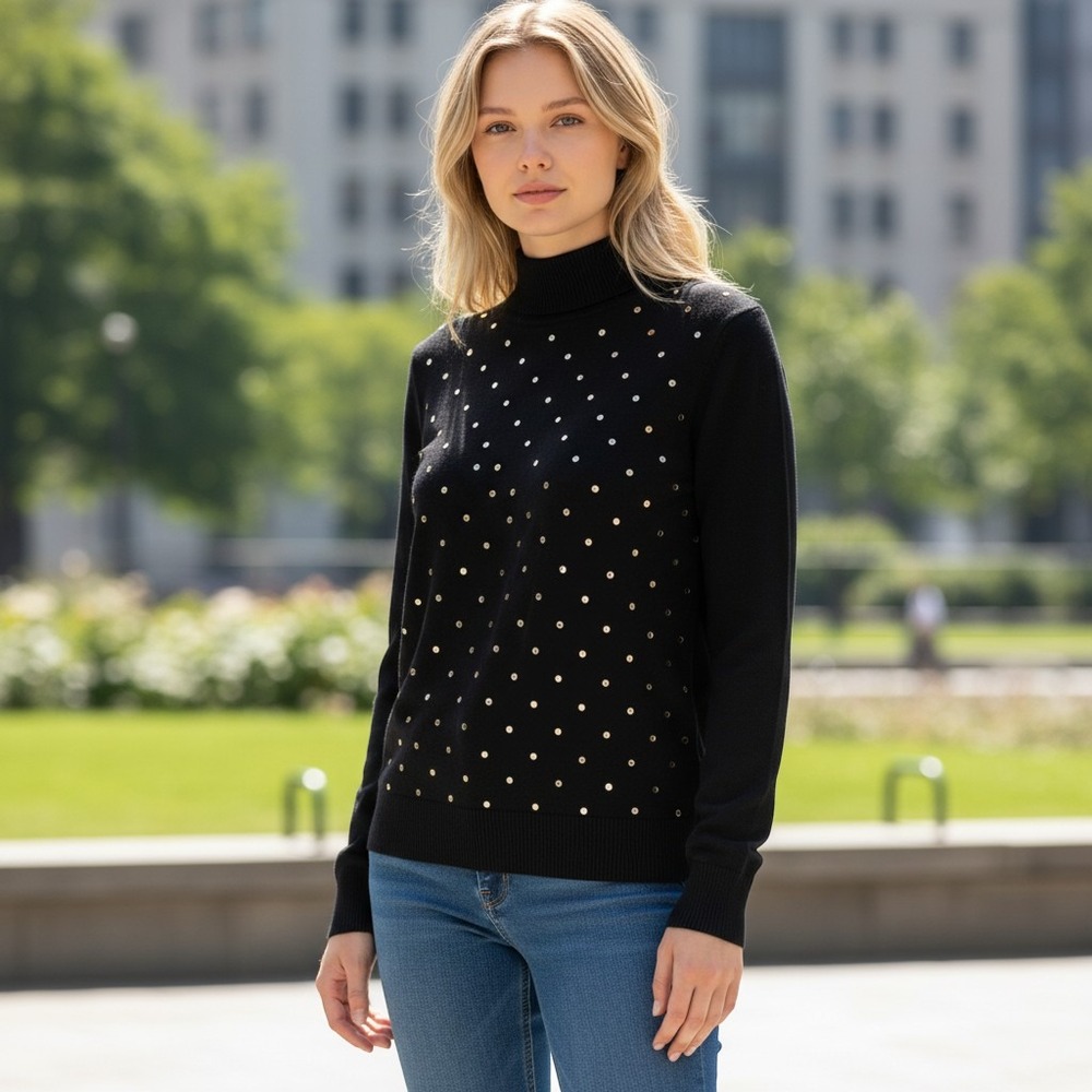 Michael Kors Black Mock Neck Studded Sweater Silver Embellished Long Sleeve Top
